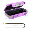 A purple portable safe lock box with a lid showing internal dimensions and an attached steel cable.