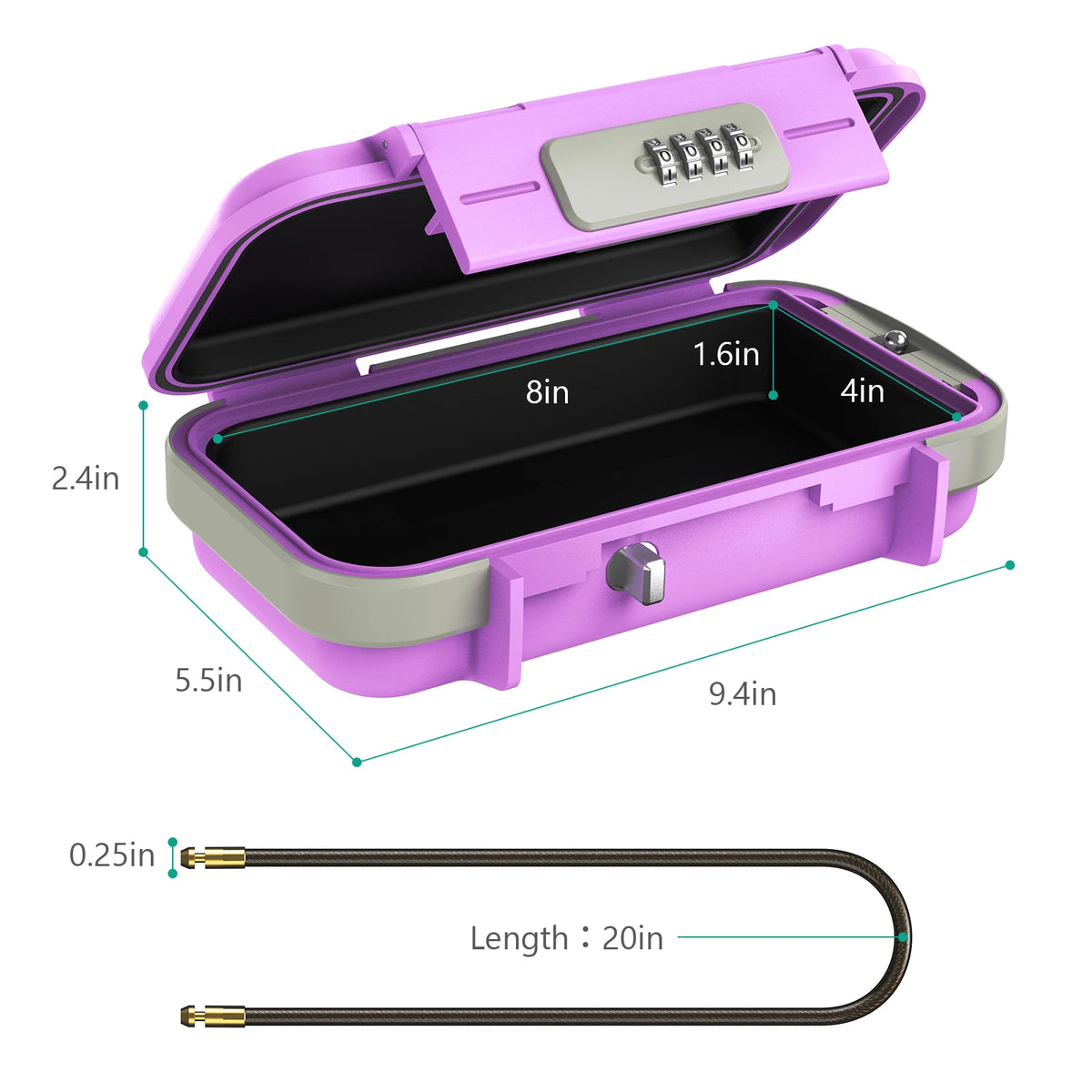 A purple portable safe lock box with a lid showing internal dimensions and an attached steel cable.