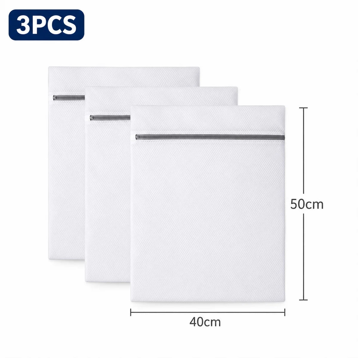 Three white mesh laundry bags with silver zippers are shown, packaged as a 3-pack.