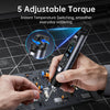 A hand holds a black soldering iron with an adjustable torque feature, applying solder to a circuit board.