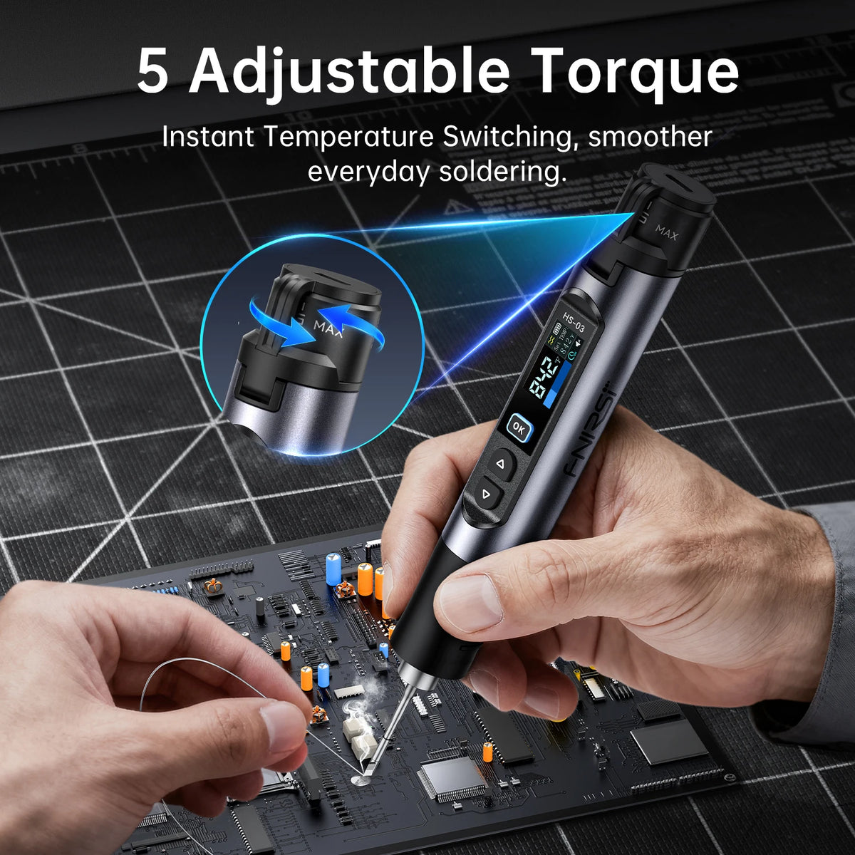 A hand holds a black soldering iron with an adjustable torque feature, applying solder to a circuit board.