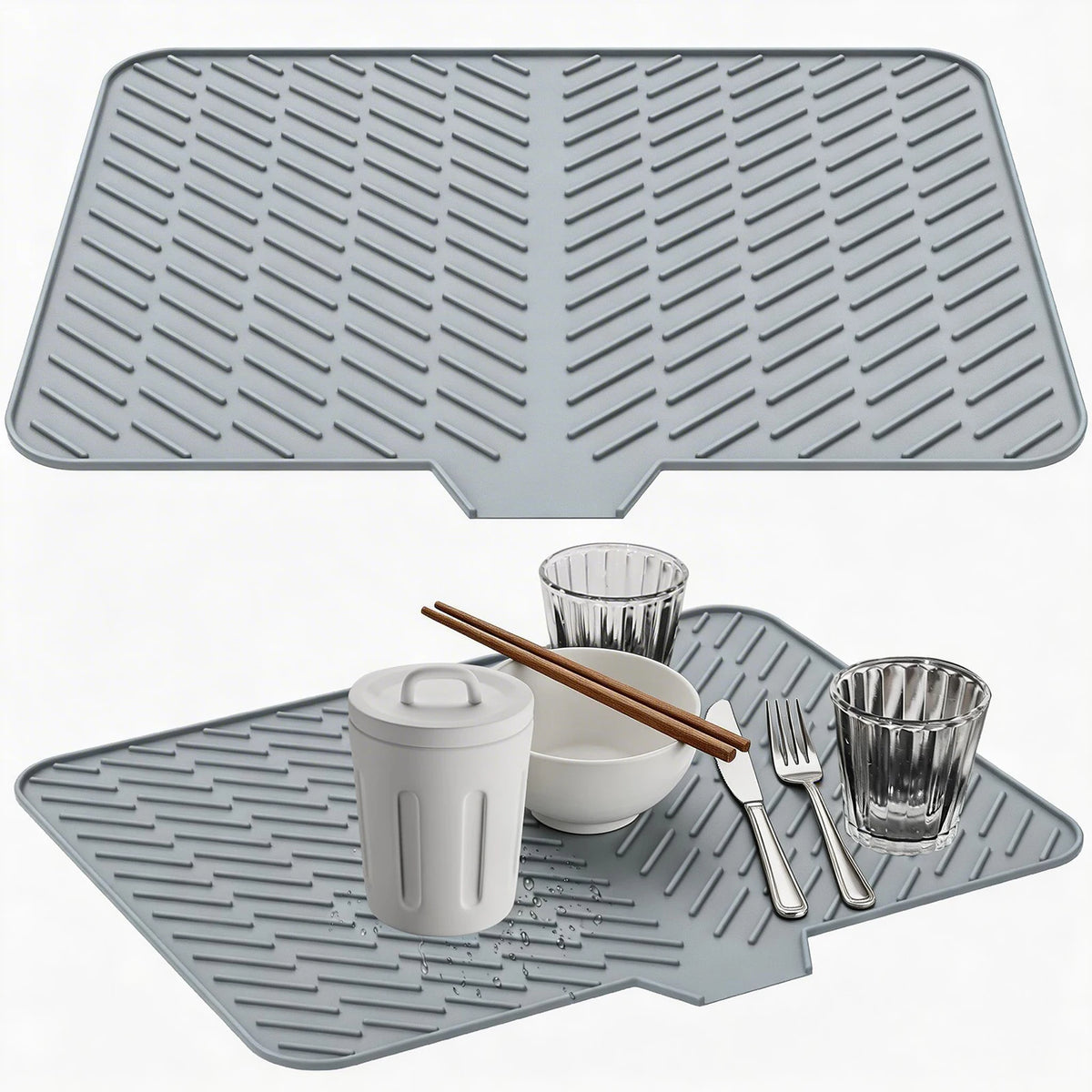 A silicone dish drying mat with a drainage ramp is shown, featuring a textured surface and holding a cup, utensils, and a gla