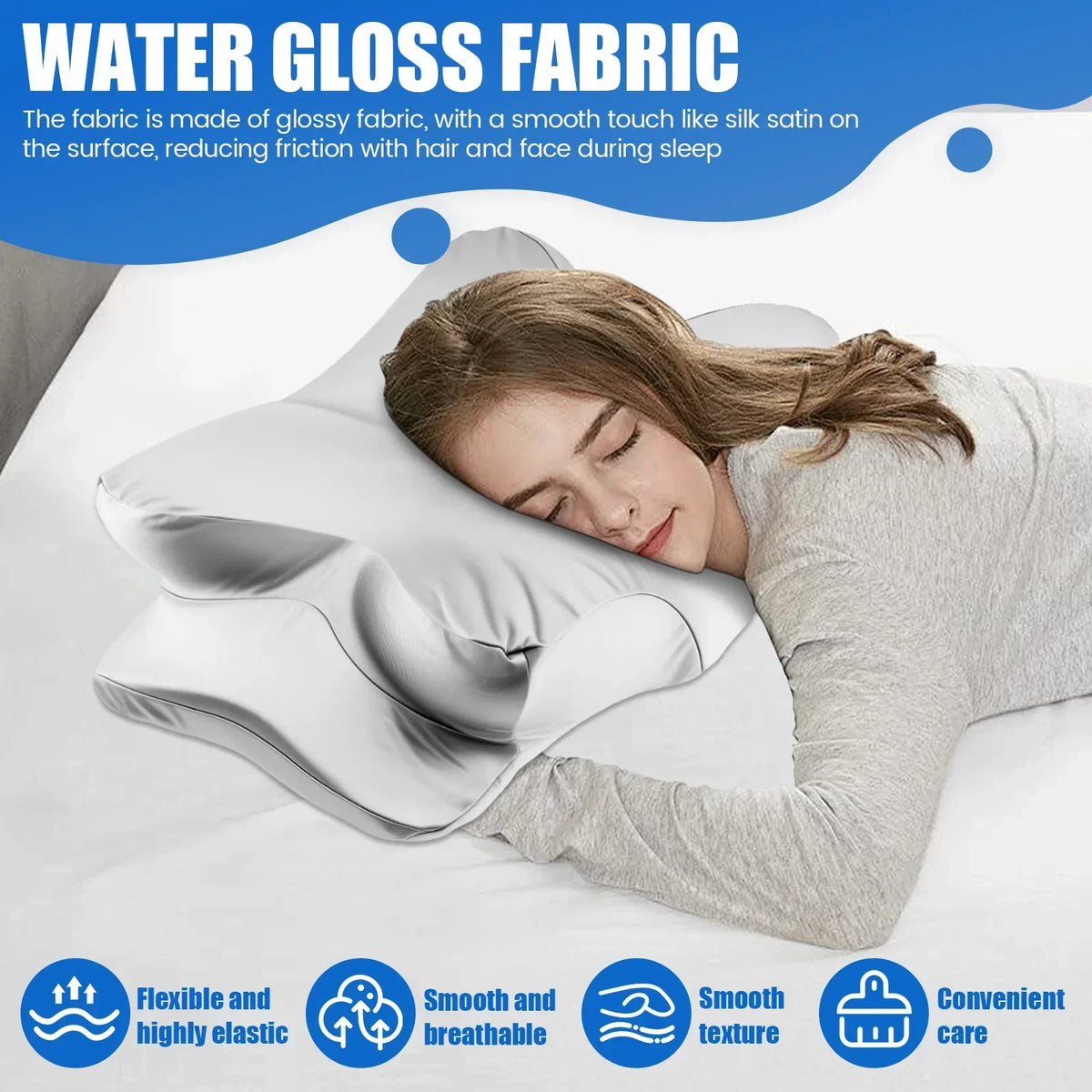A woman sleeping comfortably with a white water gloss fabric pillow, highlighting its smooth texture and convenient care feat