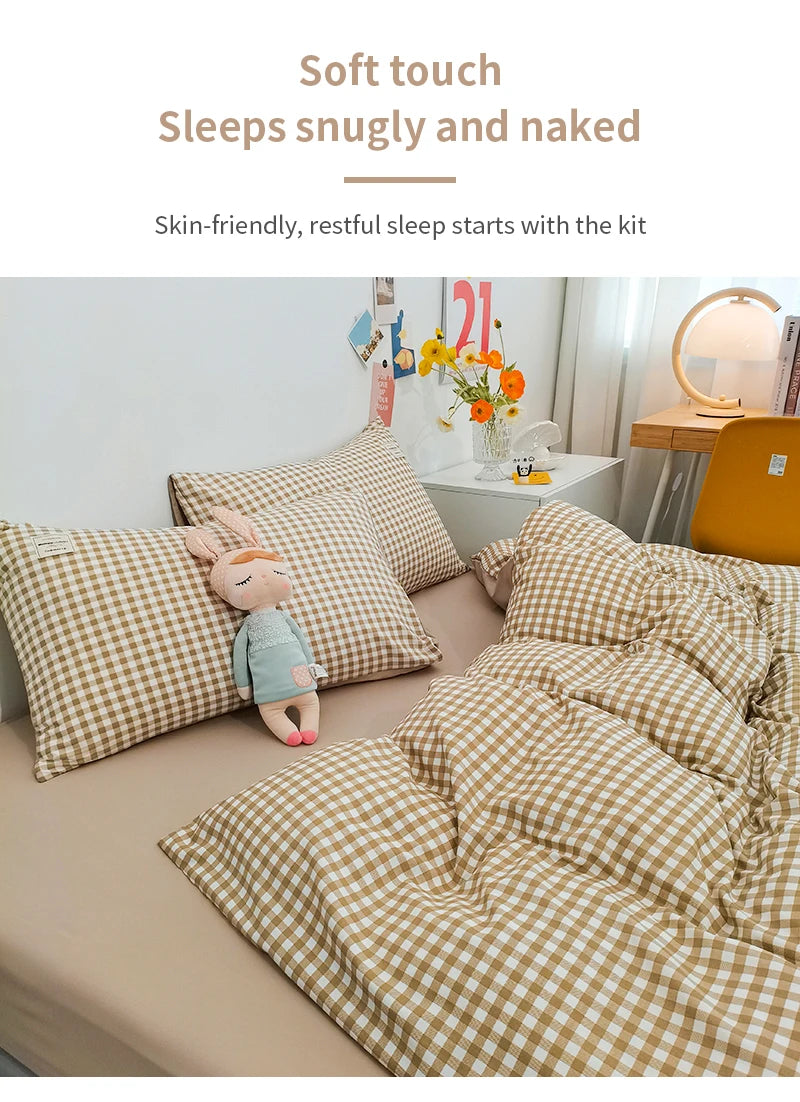 100% Cotton Duvet Cover Set with Plaid Stripe – Breathable & Skin-Friendly