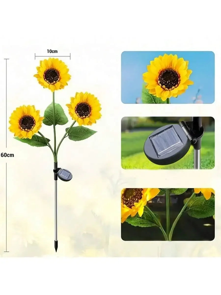 A solar-powered LED sunflower garden light featuring a yellow flower on a green stem.