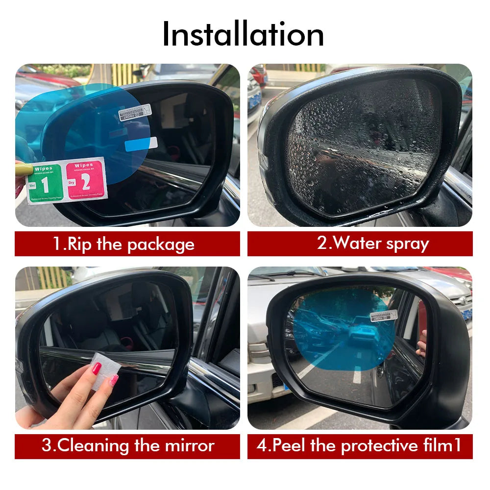 Installation steps showing how to apply a rainproof anti-fog film to a car mirror and side window.