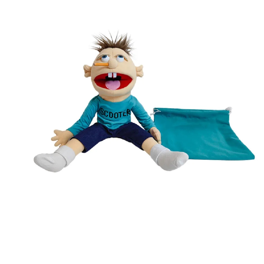 A plush toy of the character Scooter from Scooby-Doo with spiky hair and an open mouth.