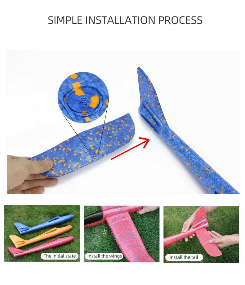 Step-by-step process showing how to install the wings and tail on a foam glider plane for outdoor toy use.