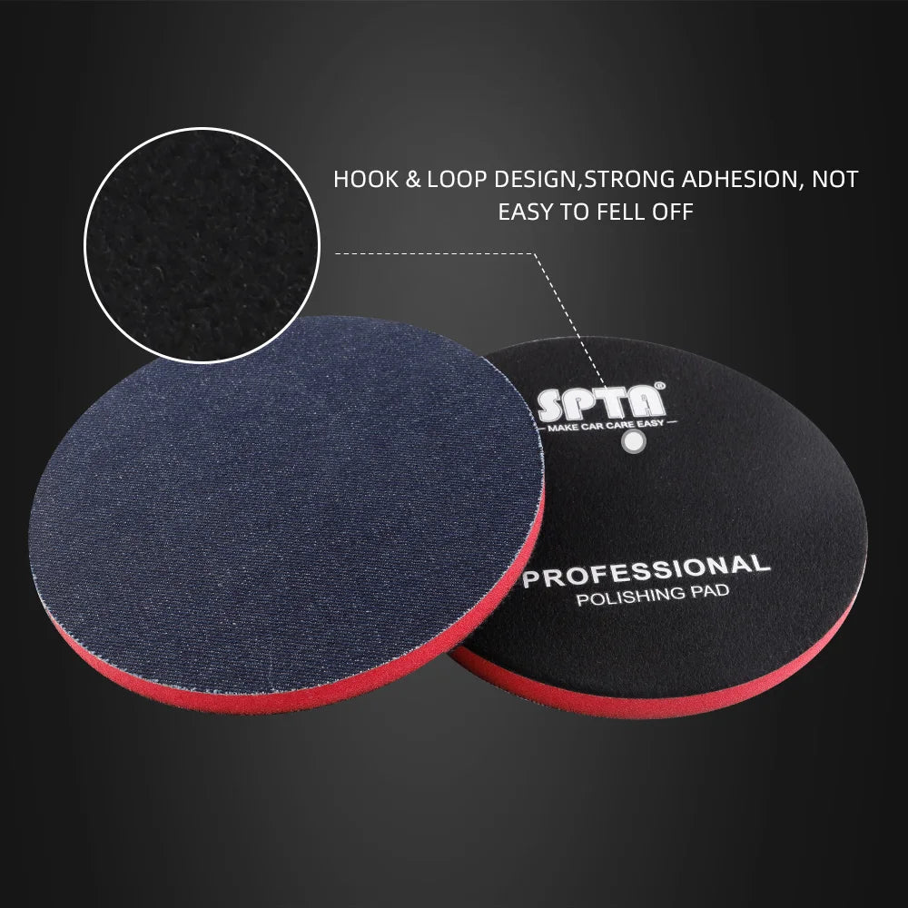 A dark blue denim polishing pad with a red edge is shown, highlighting its hook and loop design for strong adhesion.