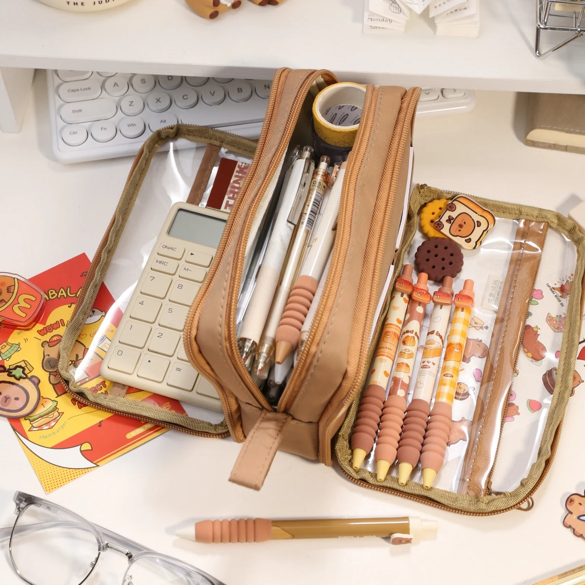 Transparent Double-Sided Pencil Case with Capybara Design