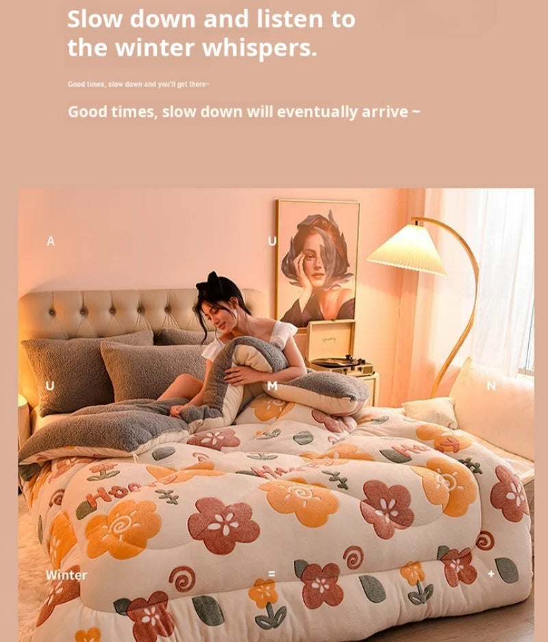 A woman is relaxing on a bed covered with a floral quilt in a bright room, listening to winter whispers.