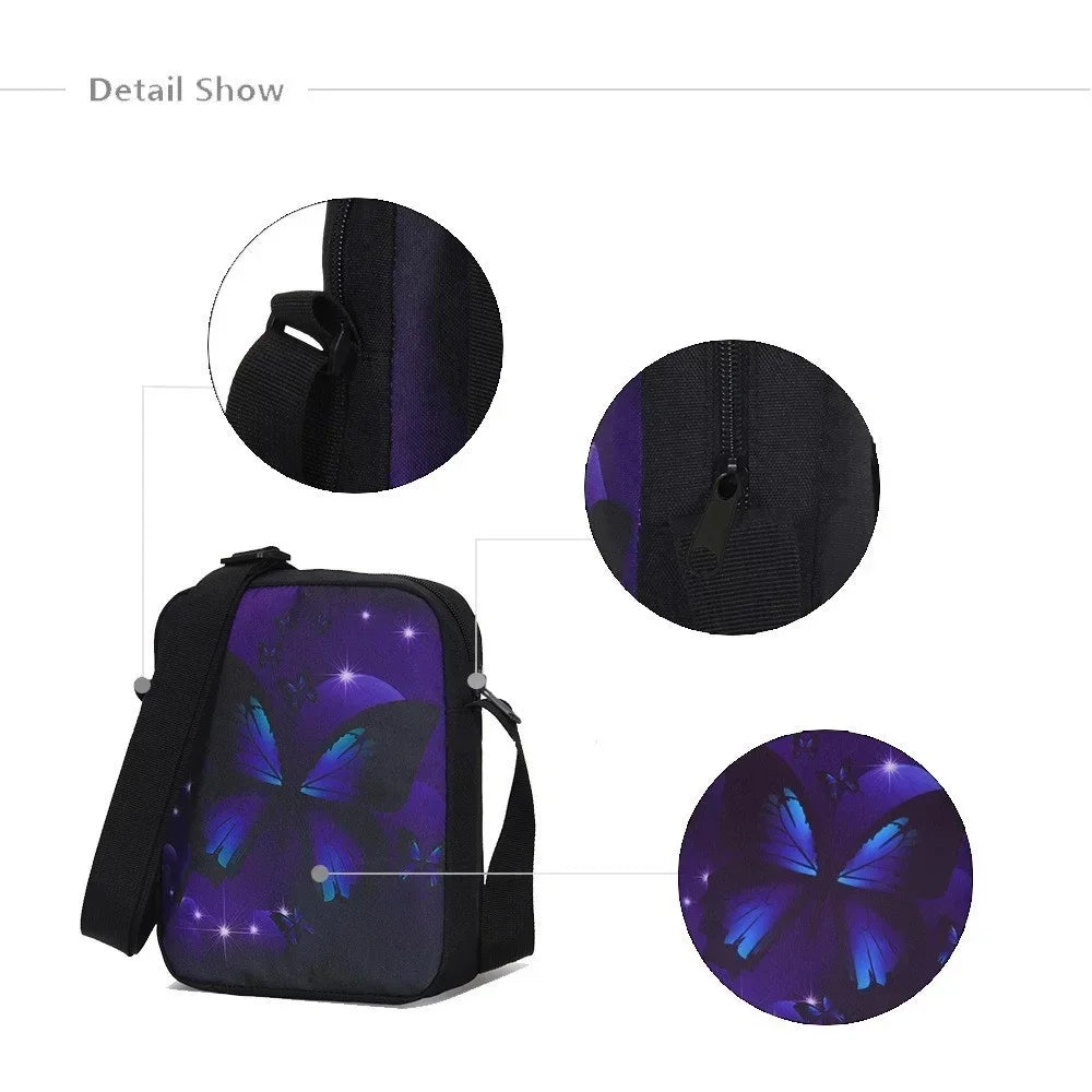 A set of a black animal hospital backpack, crossbody bag, and pencil case featuring purple and blue butterfly designs.