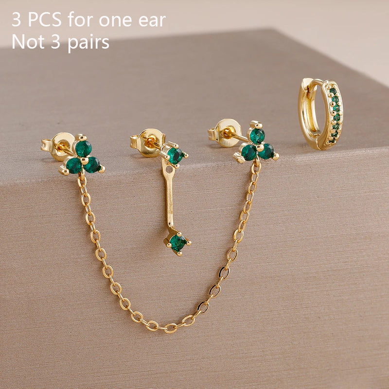 Double-Hole Link Chain Earrings with Green Zircon