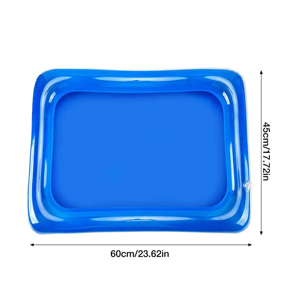 A bright blue inflatable foot soaking basin with rounded edges and a rectangular shape.