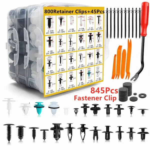 A clear plastic container holding 800 retainer clips and 45 pieces of fastener clips for automotive use.