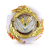 A battle spinning top featuring a clear crystal center encased in gold metalwork and white plastic.