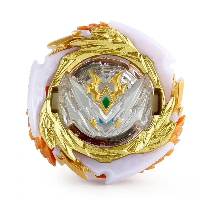 A battle spinning top featuring a clear crystal center encased in gold metalwork and white plastic.