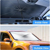 Inside view of a foldable car windshield sun shade umbrella and outside view of the same product on a yellow truck.