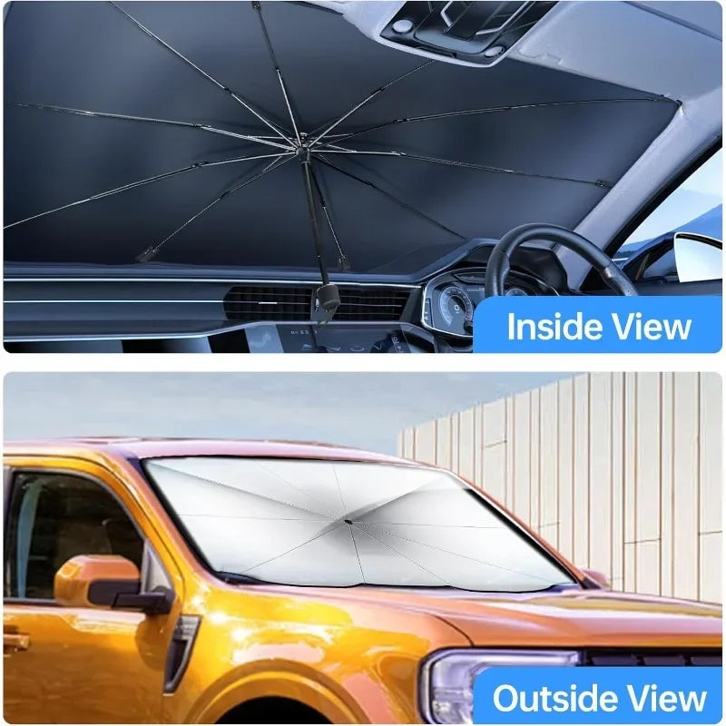 Inside view of a foldable car windshield sun shade umbrella and outside view of the same product on a yellow truck.