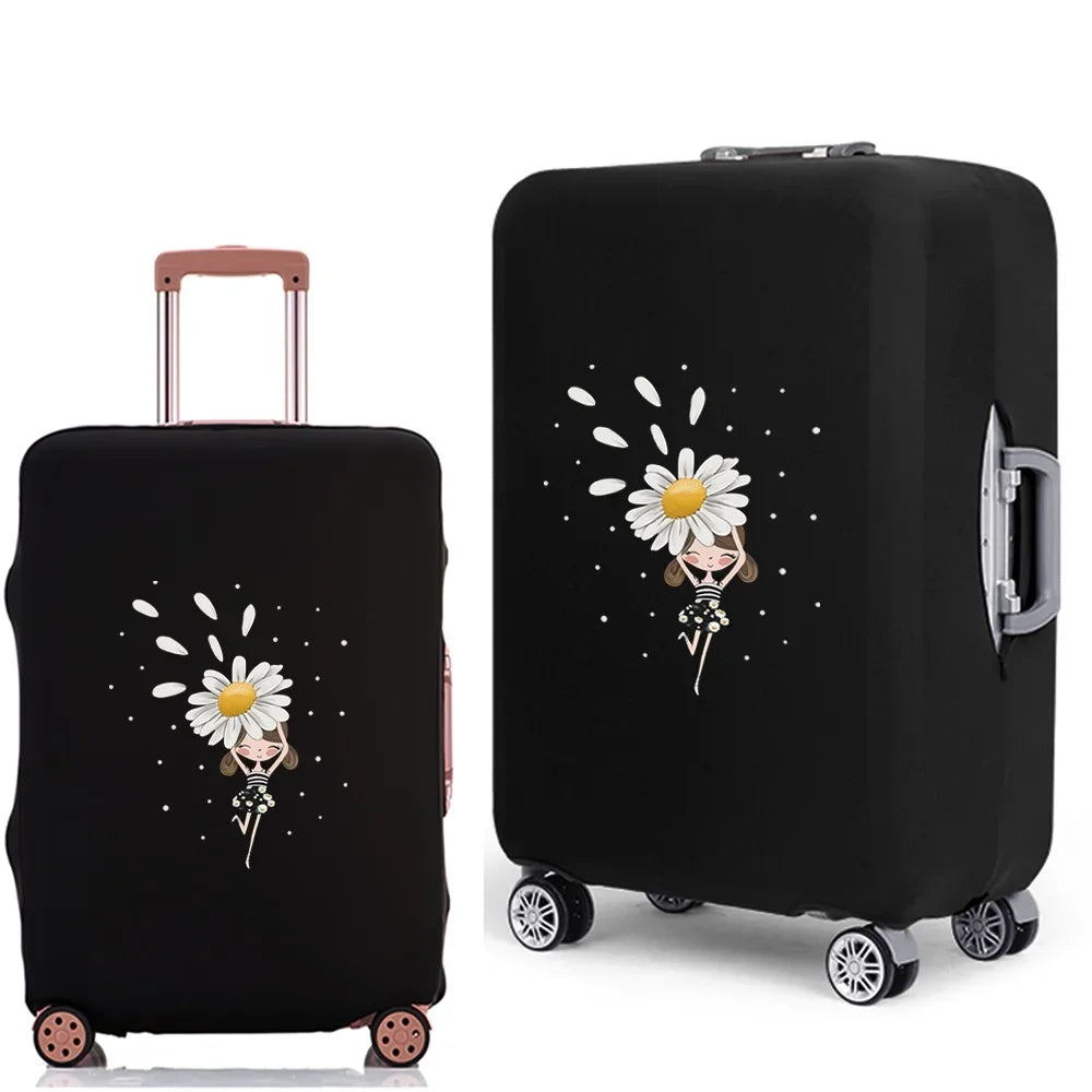 Black elastic suitcase protective cover featuring a white daisy print design.