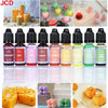 A collection of 18 concentrated liquid candle dyes in various colors including burgundy, red, pink, garnet, orange, yellow, a