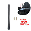 A black 7-inch FM/AM antenna is shown next to its mounting hardware and an installation view on a vehicle.