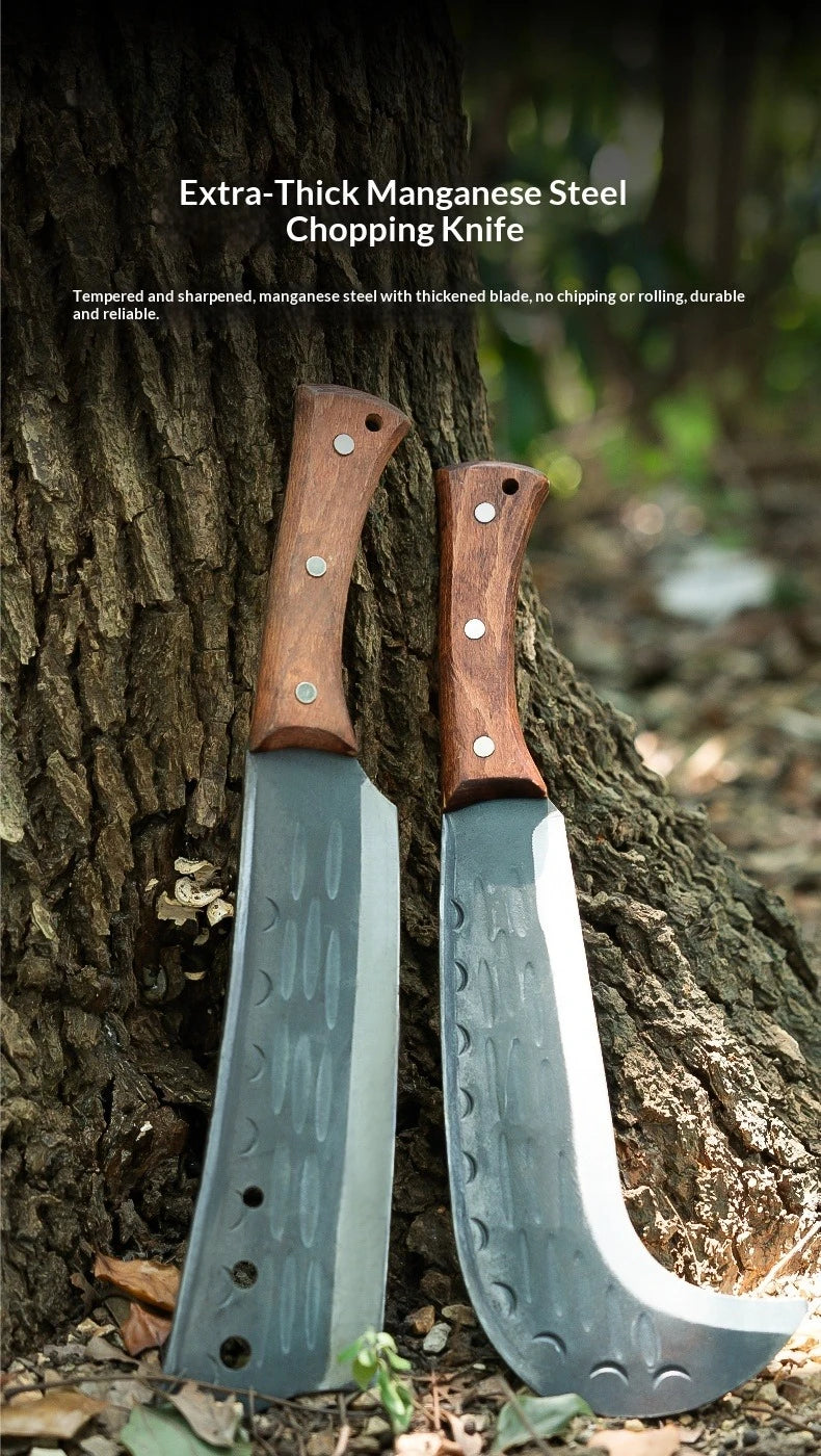 A pair of extra-thick manganese steel chopping knives with wooden handles resting against a tree trunk.