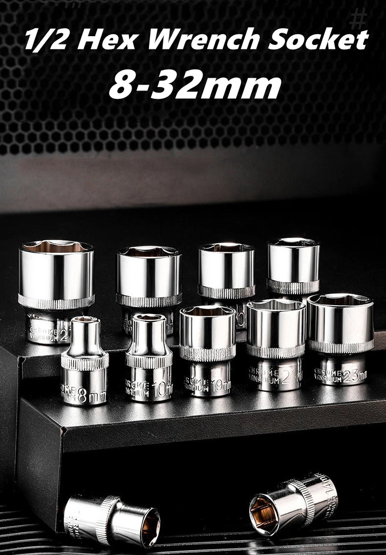 A set of 8-32mm 1/2 Hex Wrench Sockets made of chromium-vanadium steel tools.