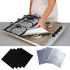 A pack of four reusable square gas hob protector liners in black and silver colors.