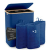A blue foldable laundry hamper with a lid and three dark blue mesh bags for laundry.