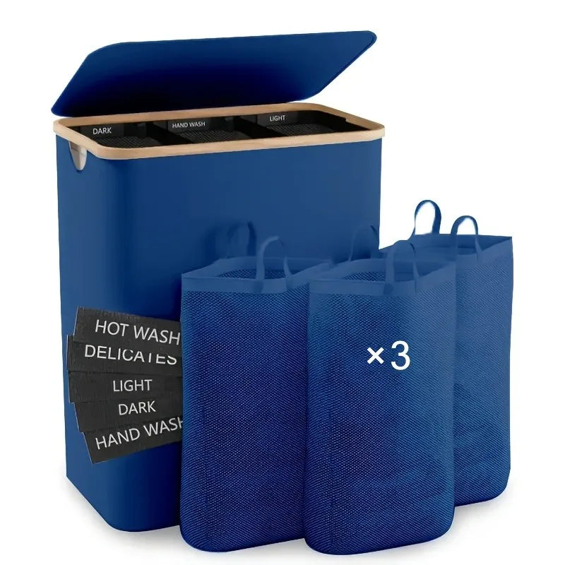 A blue foldable laundry hamper with a lid and three dark blue mesh bags for laundry.
