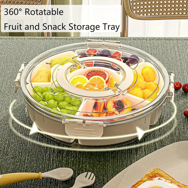 Bandeja giratoria de almacenamiento para frutas y snacks con tapa, mostrando diversos productos.