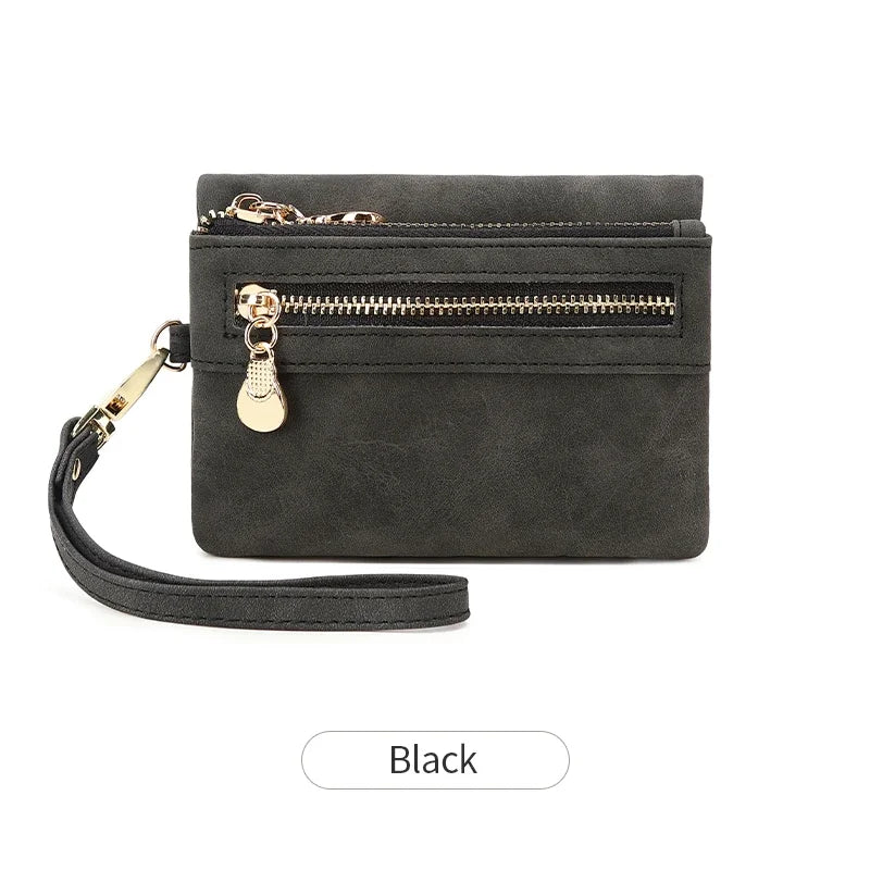 Vintage PU Leather Foldable Clutch Wallet with Wrist Strap