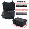 A black rugged waterproof hard case shown in multiple dimensions and angles.