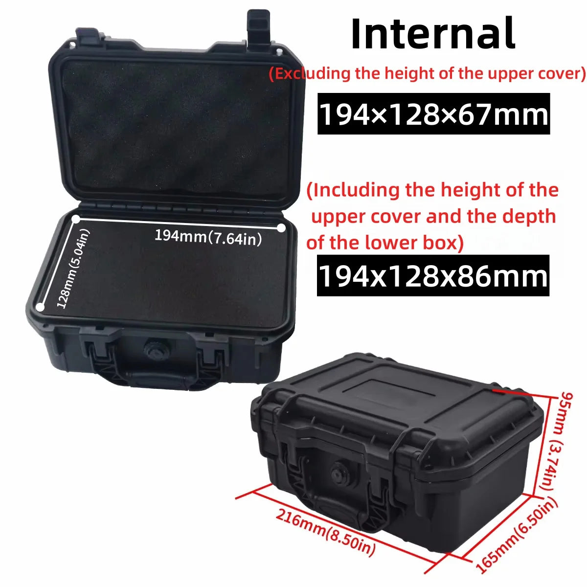A black rugged waterproof hard case shown in multiple dimensions and angles.