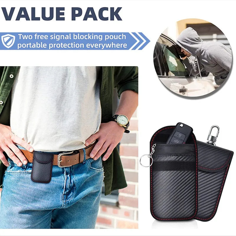 A black carbon fiber Faraday box pouch is shown next to a person wearing jeans and a shirt, demonstrating portable protection