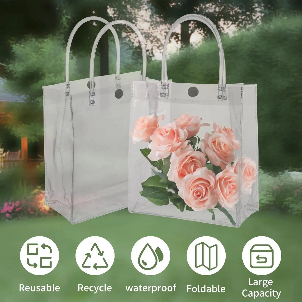 Clear PVC gift tote bags with hand loops shown against a blurred green outdoor background.