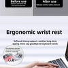 A hand rests on a laptop keyboard, illustrating ergonomic wrist rest support for typing.
