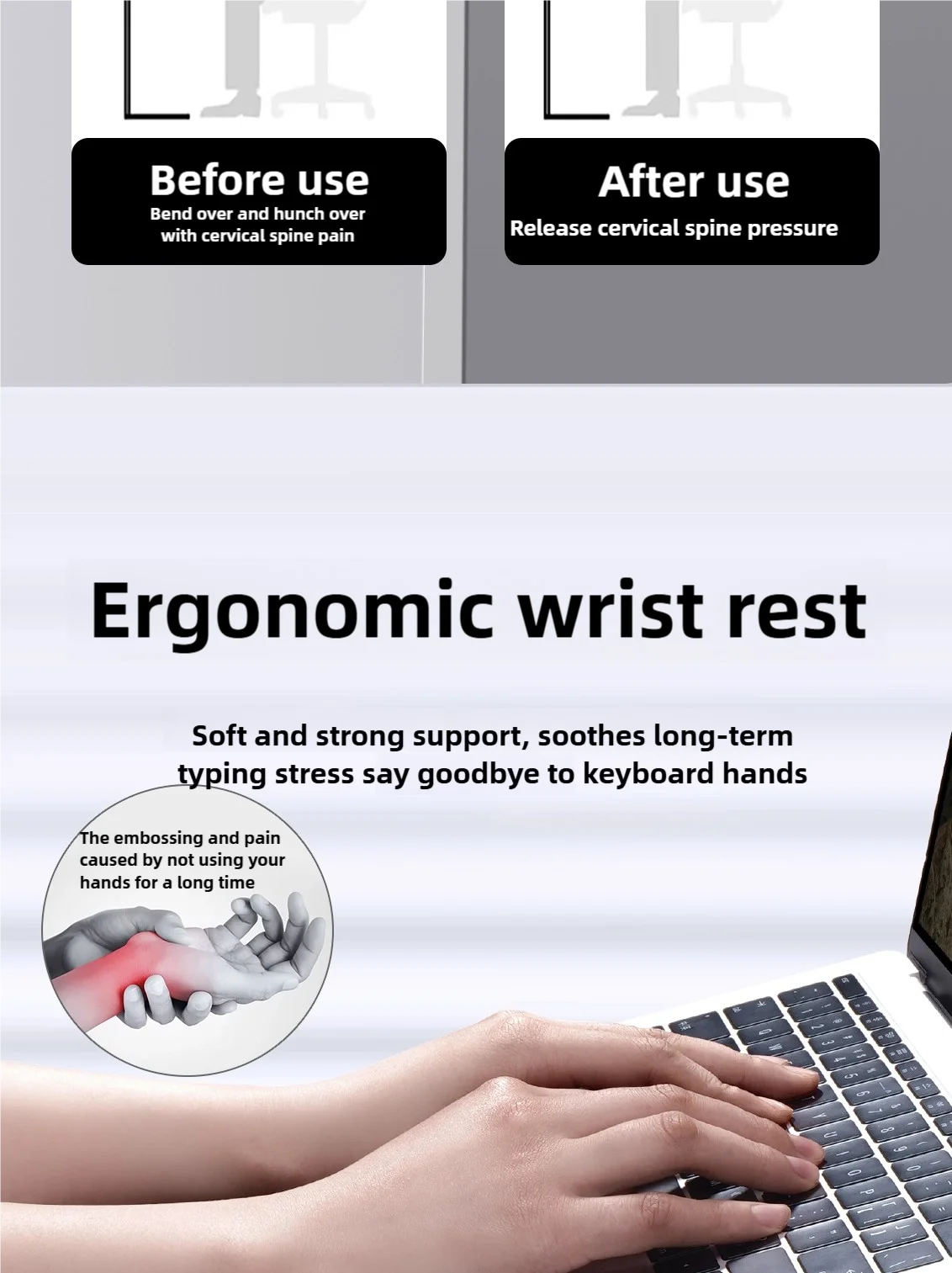 A hand rests on a laptop keyboard, illustrating ergonomic wrist rest support for typing.