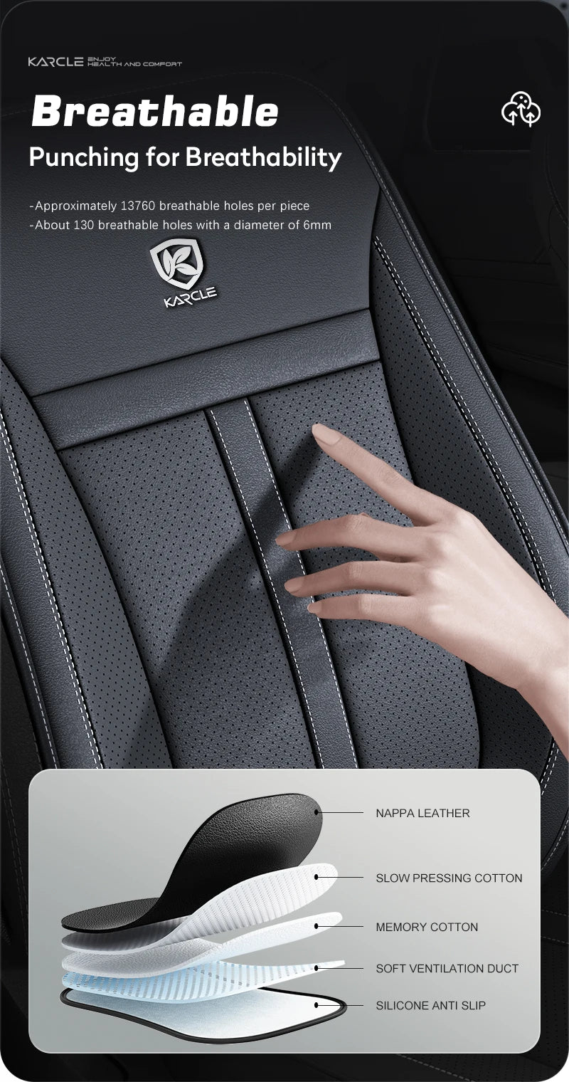 Close-up of breathable stitching and fabric texture on a car seat cover demonstrating breathability features.
