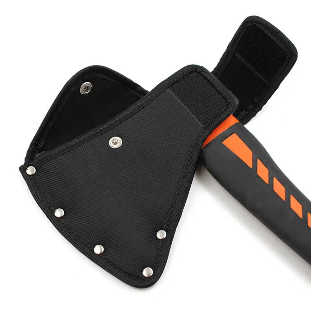 Black nylon axe blade cover with a belt loop and orange accents