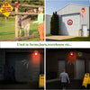 A solar-powered motion sensor alarm system with a strobe light is shown in various outdoor and indoor settings.
