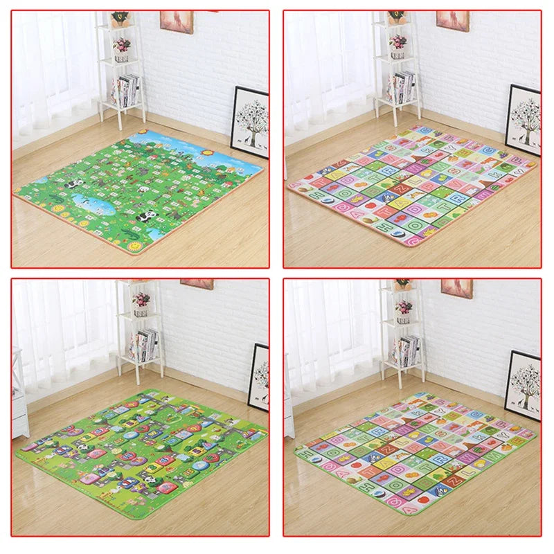 Four images showing a soft foam baby play mat with waterproof surface in various colors and patterns.