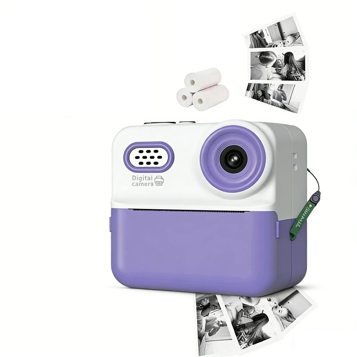 A purple compact portable thermal photo printer with a silver body and white rolls of paper.