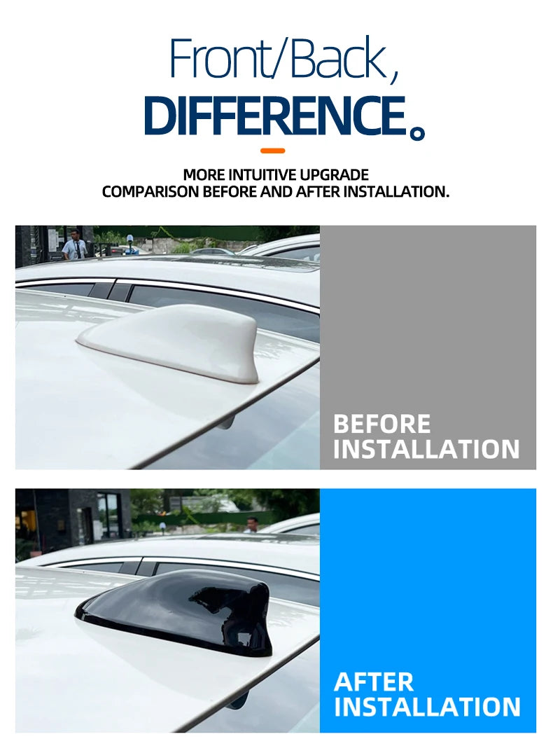 Comparison showing the difference between a car's front and back view before and after installing a sleek shark fin antenna c