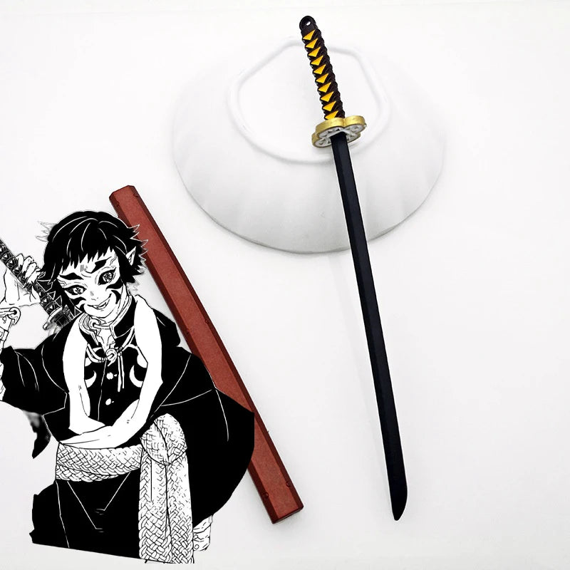 A black and white illustration of a Demon Slayer inspired sword replica with a gold hilt and a wooden sheath.