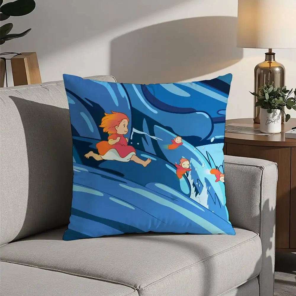 A blue and white cartoon pillow featuring a character inspired by Ponyo in motion.