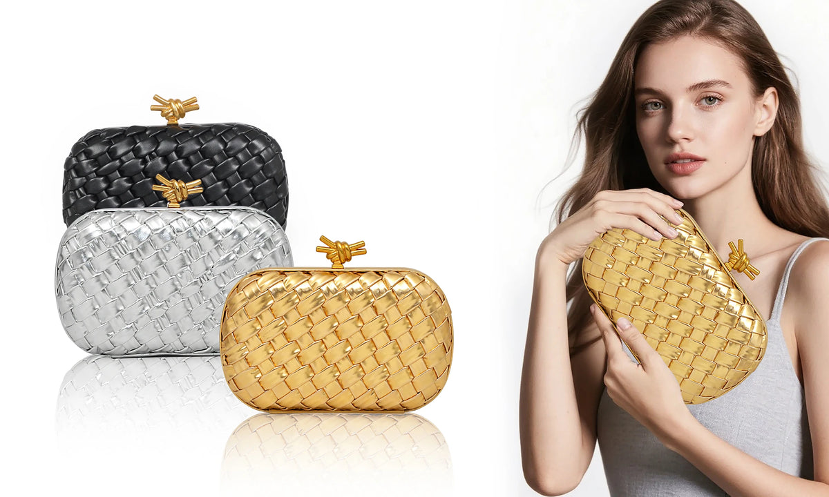A woman holds a gold woven clutch bag and a silver woven clutch bag against a white background.