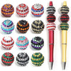 A collection of five resin rhinestone beads in various colors and patterns, including red, silver, blue, black, and green.
