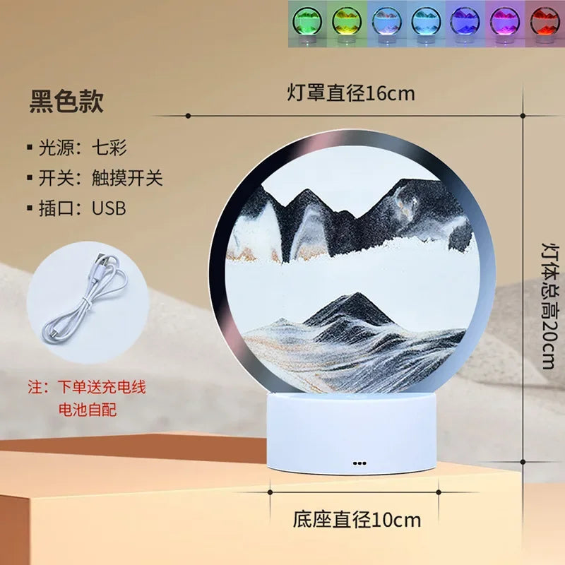 A black hourglass night light featuring a 3D sandscape design with 16 color modes, powered by USB.